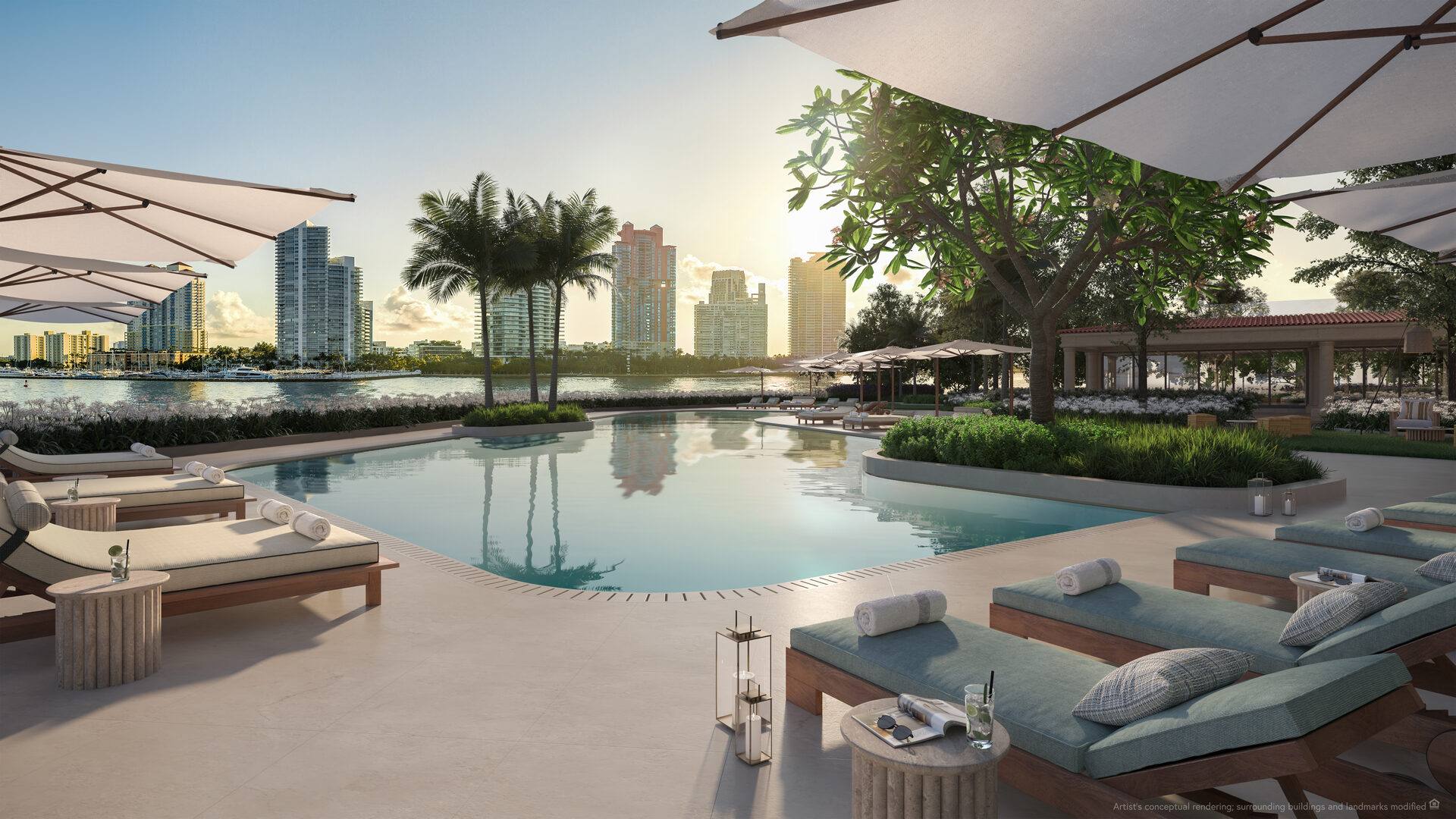 Bayfront pool at sunset